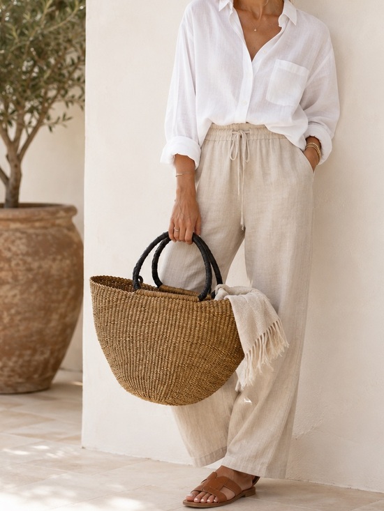 Handbags - Woven Large Straw Tote Bag with Dark Brown Leather Bound Handles
